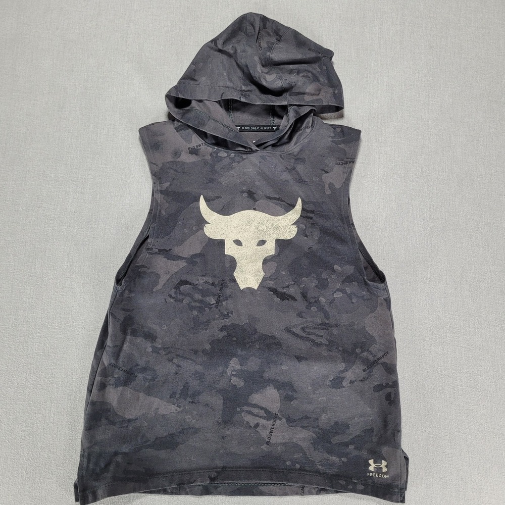 Under Armour Project Rock Sleeveless Hood Mens Small Tie Dye Black Bull Logo